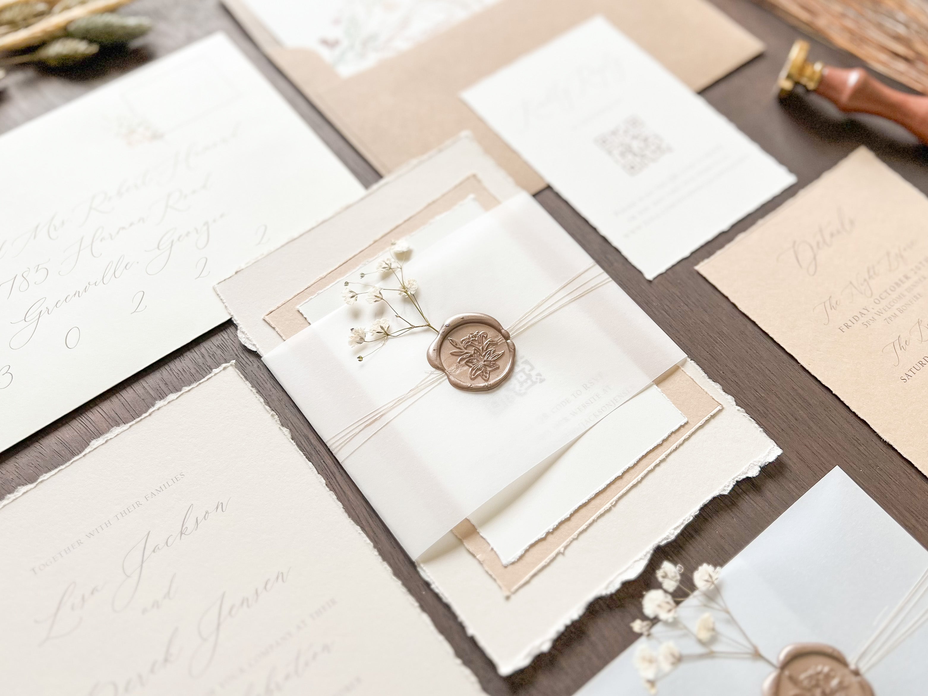 Elegant Beige Baby’s Breath Wedding Invitation with Deckled Edging, Vellum Belly Band and Wax Seal