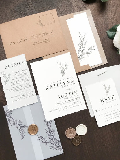 Contemporary Modern Boho Wedding Invitation with Deckled Edging, Vellum and Antique Gold Wax Seal