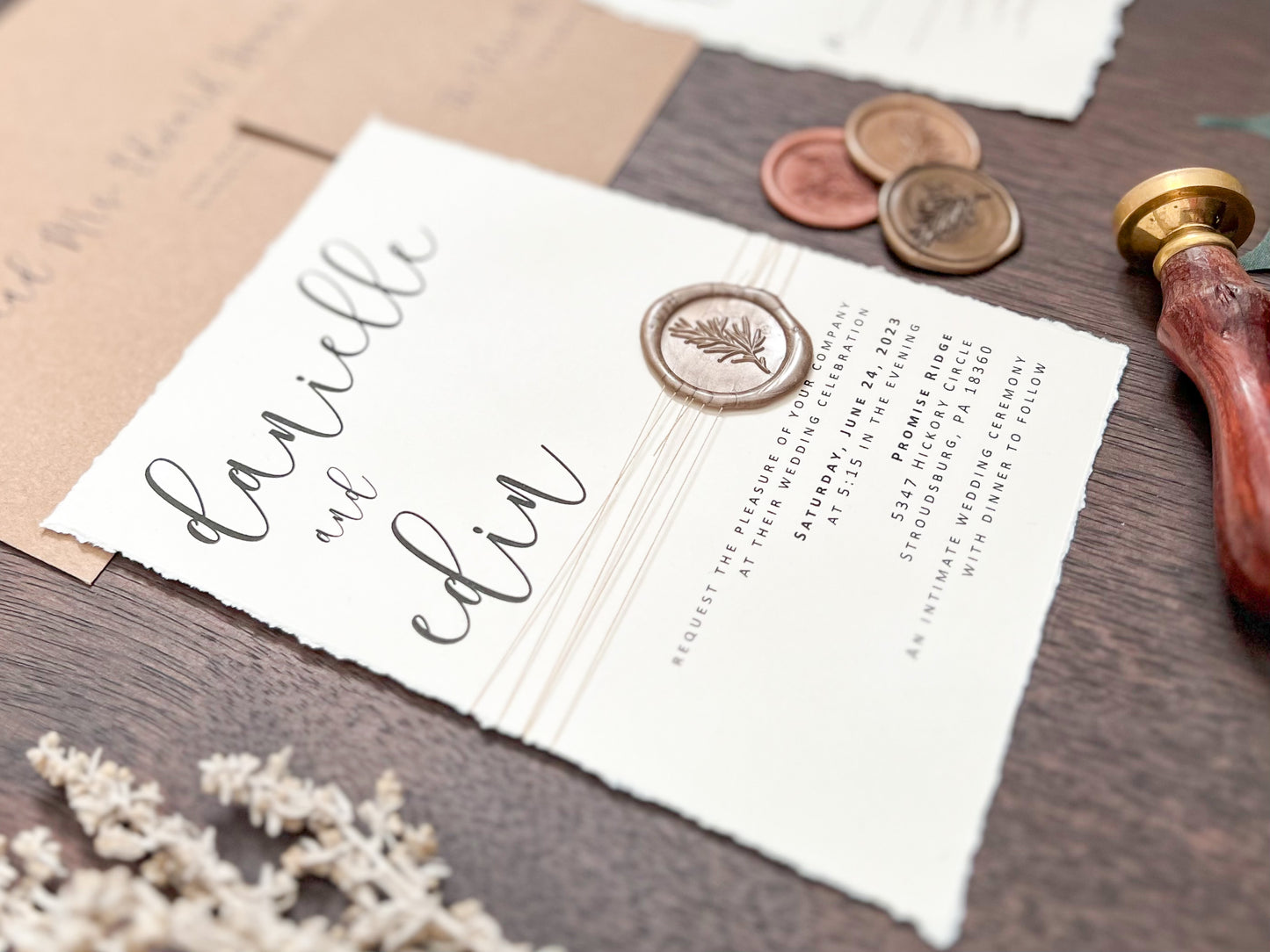 Simple Ivory Wedding Invitation with Deckled Edge, Wax Seal & Thread