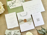 Monogram Laurel Wreath Wedding Invitation with Muted Sage Green Chiffon Ribbon & Wax Seal with Deckled Edging