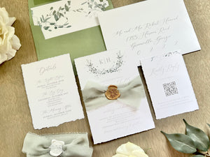 Monogram Laurel Wreath Wedding Invitation with Muted Sage Green Chiffon Ribbon & Wax Seal with Deckled Edging