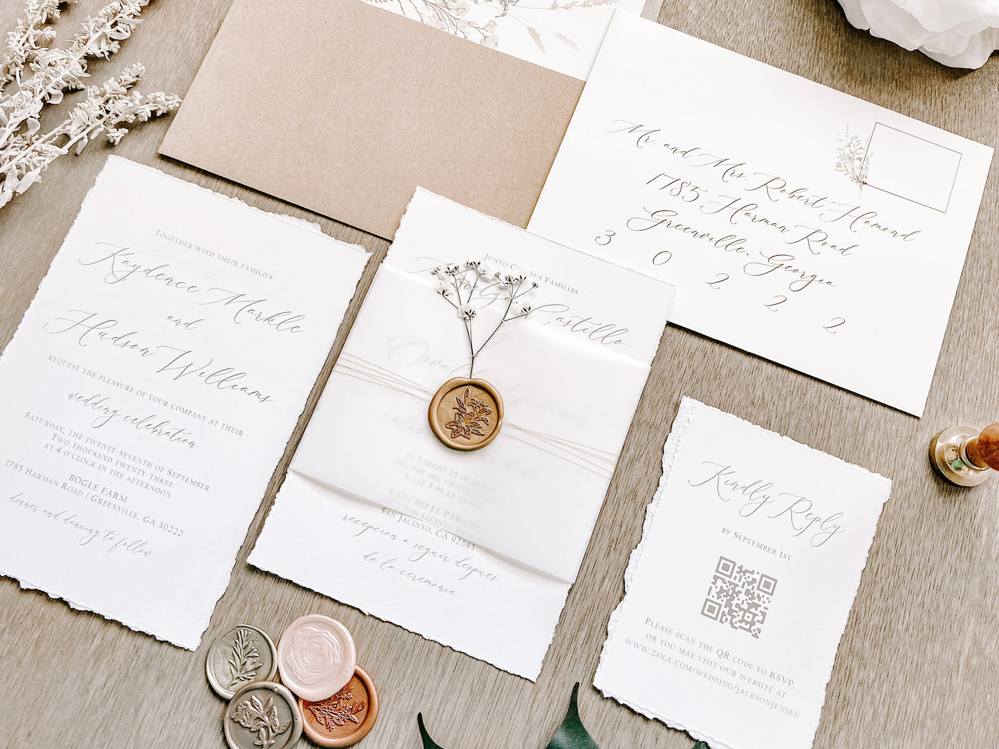 Vintage Ivory Baby’s Breath Wedding Invitation with Deckled Edging, Vellum Belly Band and Wax Seal