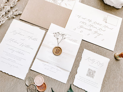 Vintage Ivory Baby’s Breath Wedding Invitation with Deckled Edging, Vellum Belly Band and Wax Seal
