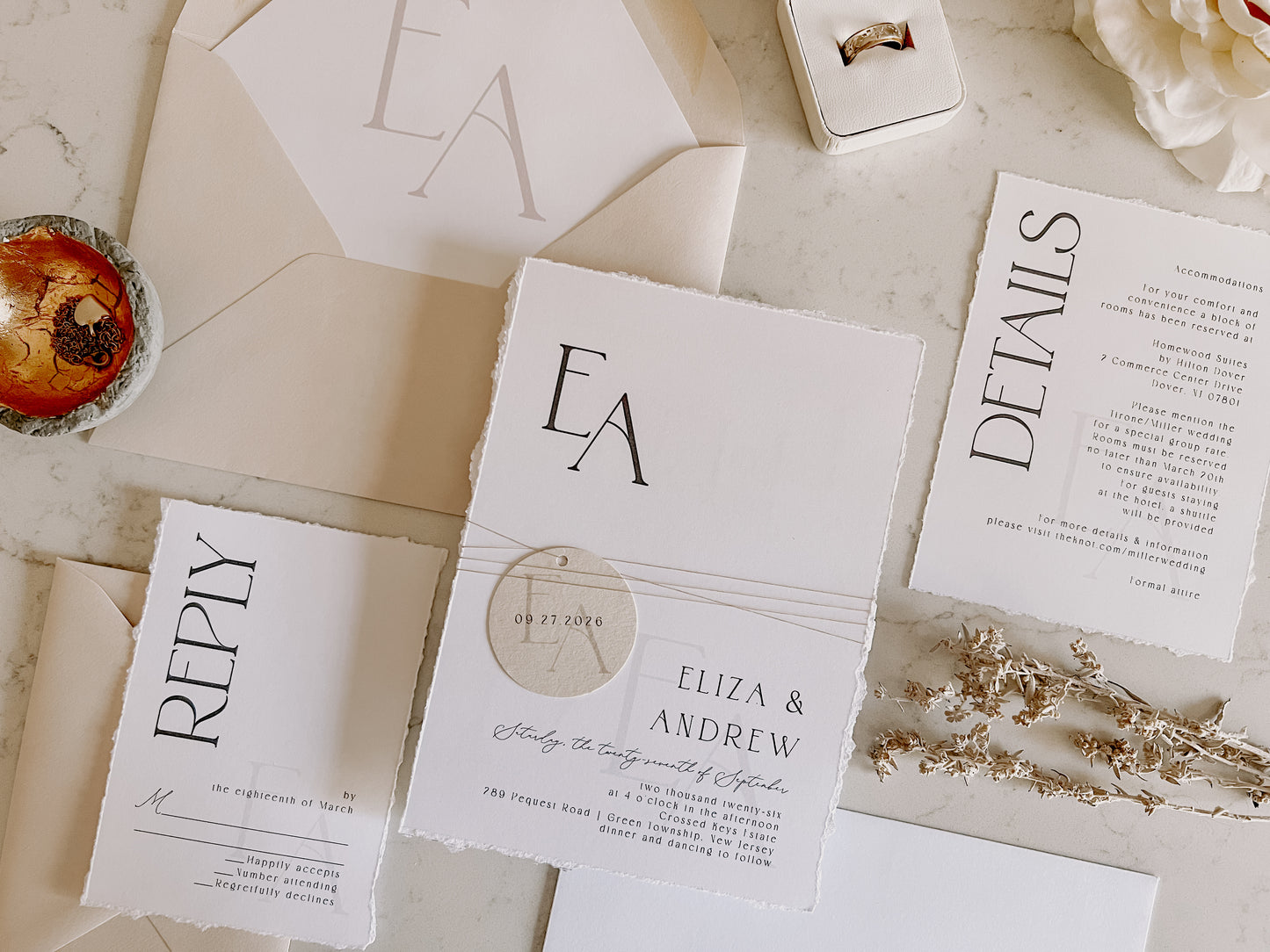 Modern Wedding Invitation with Monogram Tag