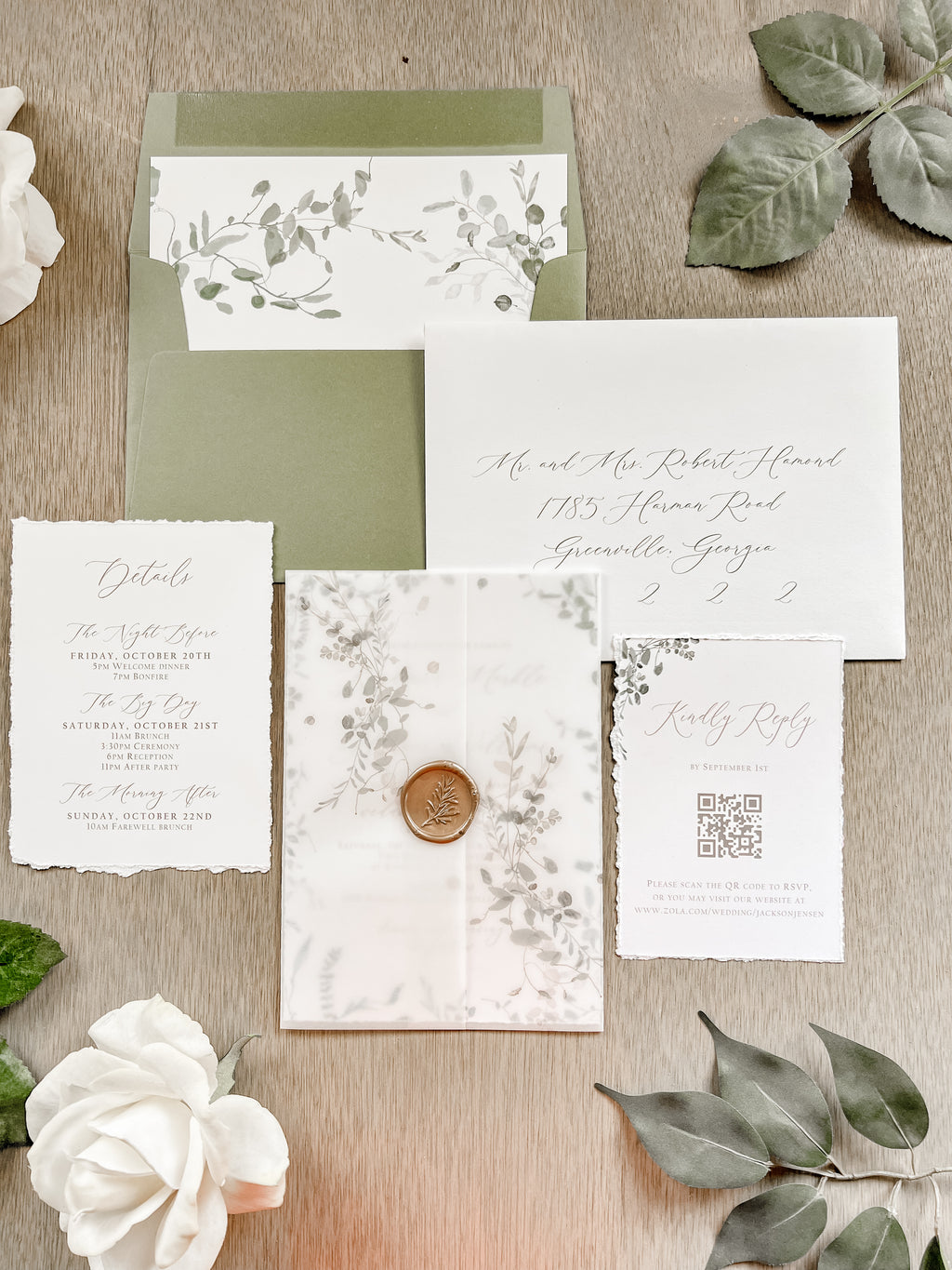 Simple Greenery Wedding Invitation with Eucalyptus, Deckled Edging, Vellum & Wax Seal