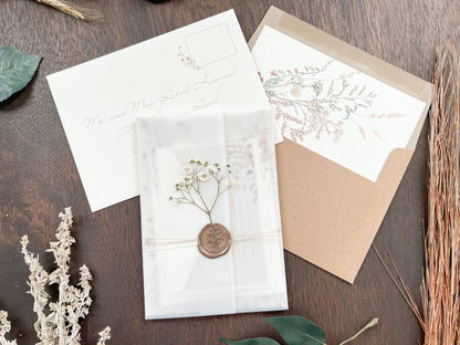 Baby’s Breath Wedding Invitation with Deckled Edging, Vellum Wrap and Wax Seal
