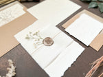 Elegant Ivory Baby’s Breath Wedding Invitation with Deckled Edging, Vellum Belly Band and Wax Seal