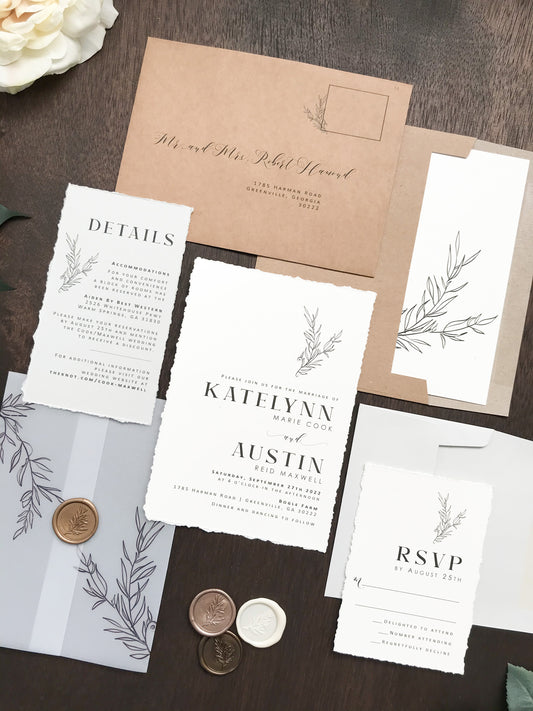 Contemporary Modern Boho Wedding Invitation with Deckled Edging, Vellum and Antique Gold Wax Seal