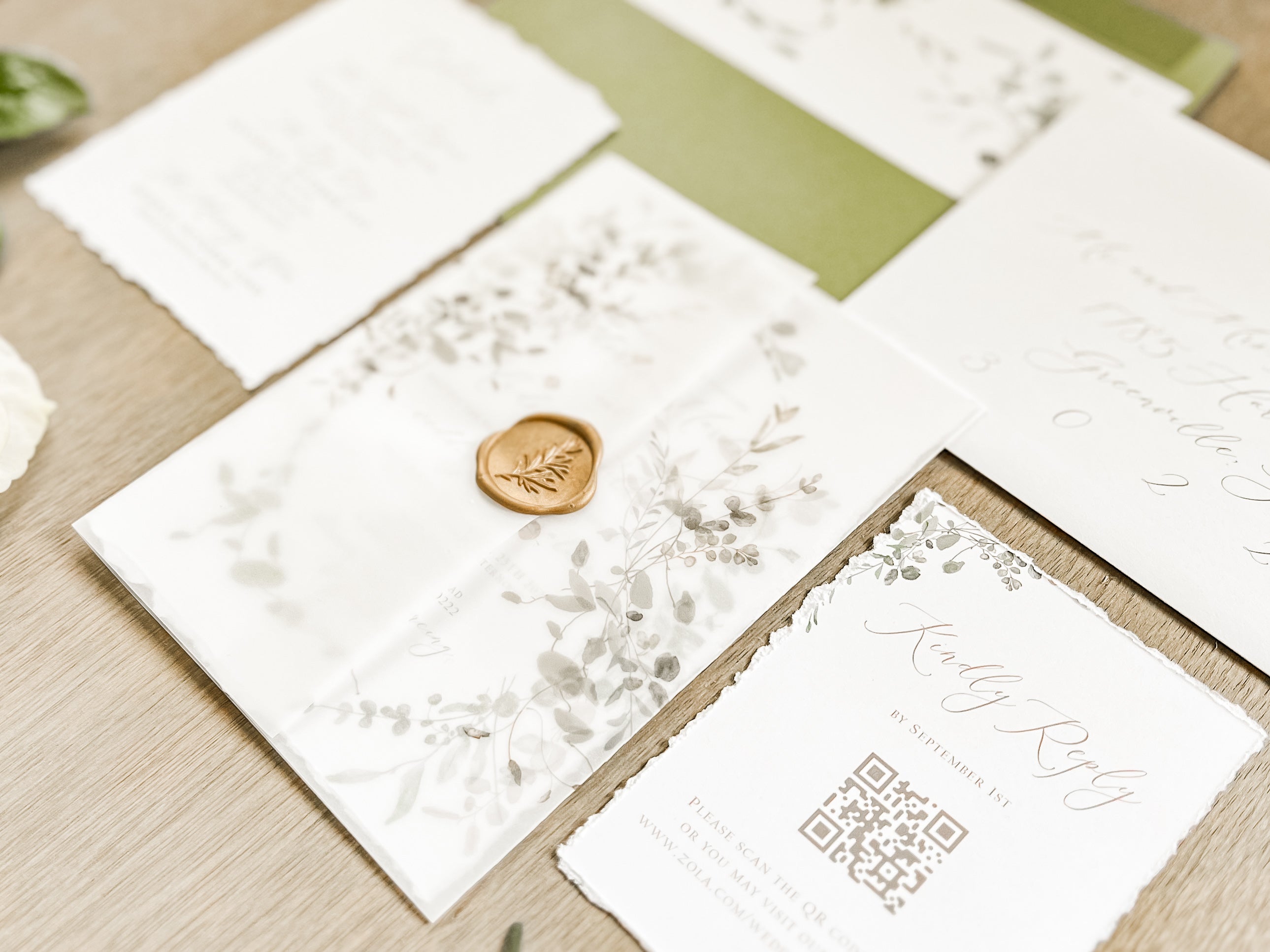 Greenery Wreath Wedding Invitation with Eucalyptus Vellum, Deckled Edging & Wax Seal