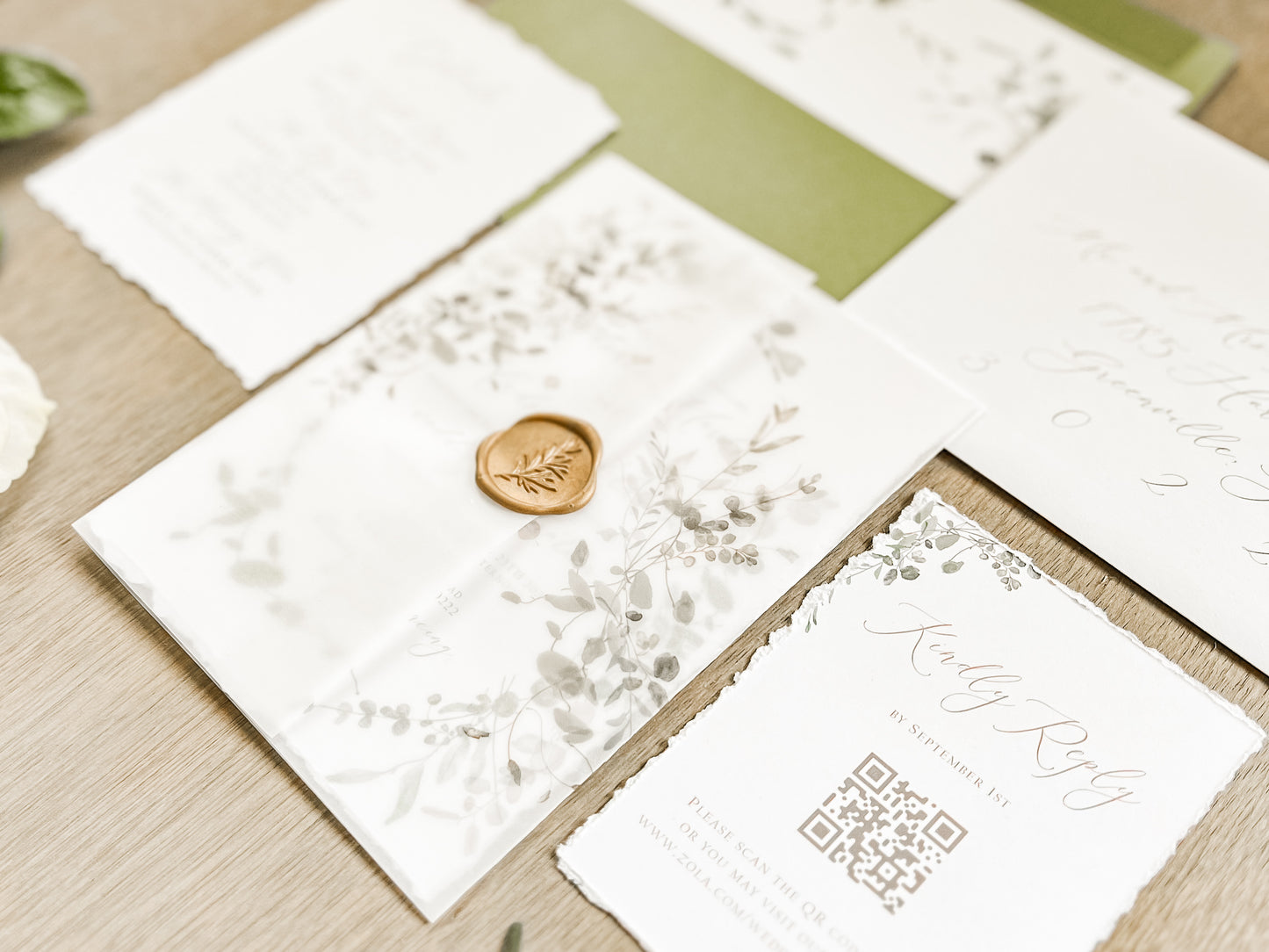 Greenery Wreath Wedding Invitation with Eucalyptus Vellum, Deckled Edging & Wax Seal