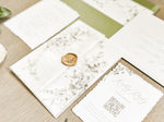 Greenery Wreath Wedding Invitation with Eucalyptus Vellum, Deckled Edging & Wax Seal