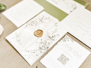 Greenery Wreath Wedding Invitation with Eucalyptus Vellum, Deckled Edging & Wax Seal