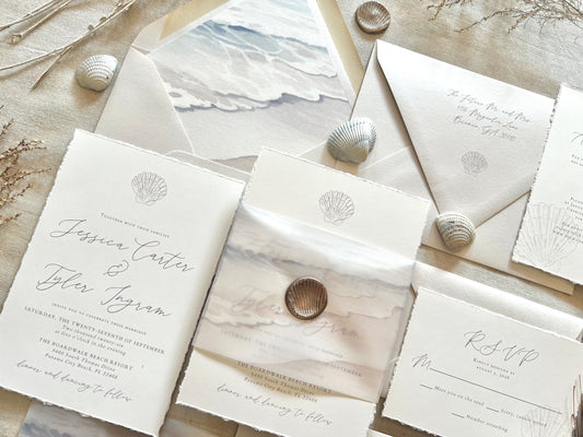 Ocean Waves Beach Wedding Invitation with Vellum & Wax Seal