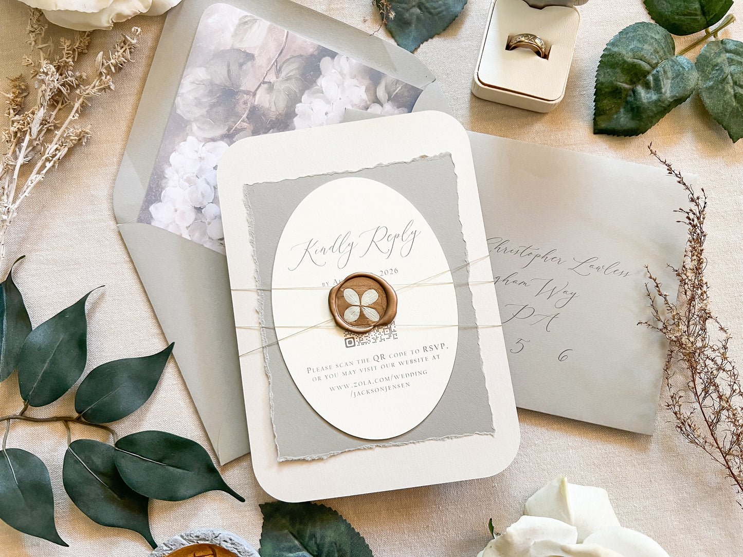 Hydrangea Wedding Invitation with Wax Seal