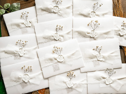 White Baby’s Breath Wedding Invitation with Deckled Edging, QR code RSVP, Vellum, Chiffon Ribbon and Wax Seal