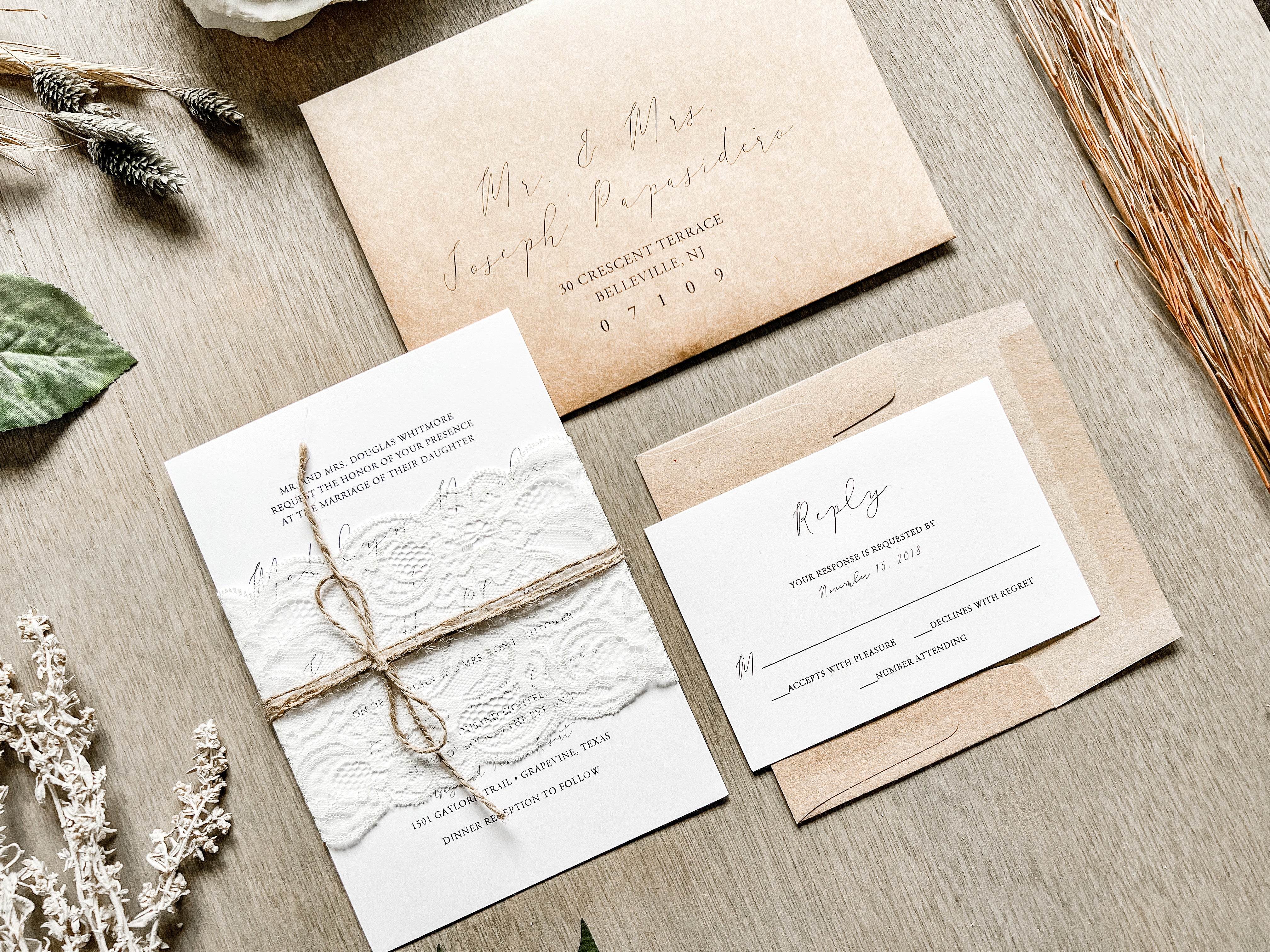 Rustic Lace Wedding Invitation with twine