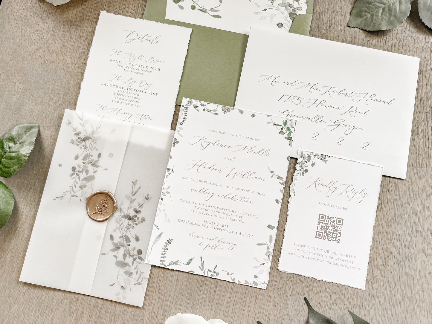 Simple Greenery Wedding Invitation with Eucalyptus, Deckled Edging, Vellum & Wax Seal
