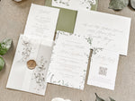 Simple Greenery Wedding Invitation with Eucalyptus, Deckled Edging, Vellum & Wax Seal
