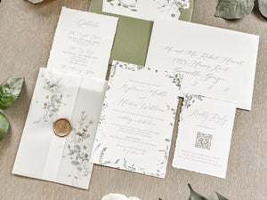 Simple Greenery Wedding Invitation with Eucalyptus, Deckled Edging, Vellum & Wax Seal