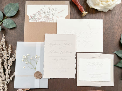 Beige Wedding Invitation with Baby’s Breath, Deckled Edging, Vellum Wrap and Wax Seal