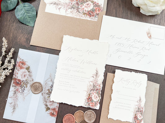 Pampas & Copper Foliage Boho Wedding Invitation with Deckled Edging, Vellum & Wax Seal