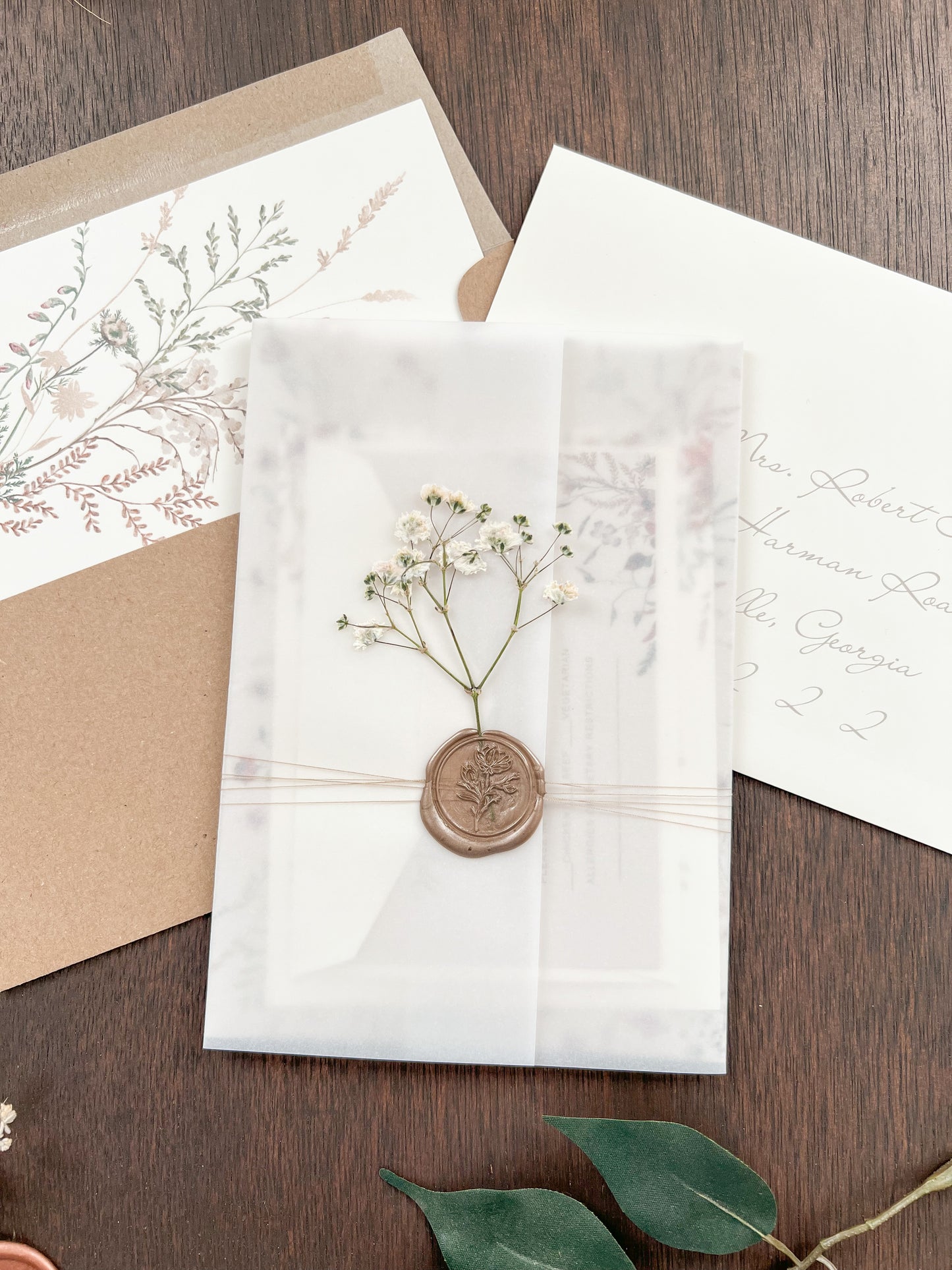 Baby’s Breath Wedding Invitation with Deckled Edging, Vellum Wrap and Wax Seal