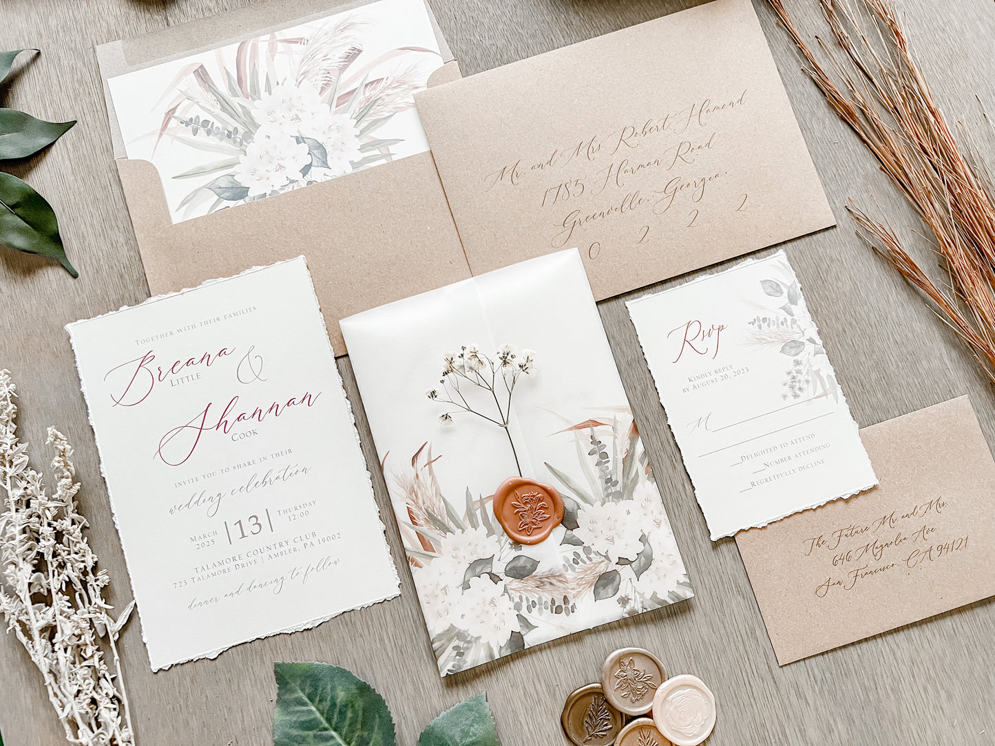 Pampas Grass and White Floral Wedding Invitation with Baby’s Breath, Deckled Edge and Boho Vellum with Wax Seal