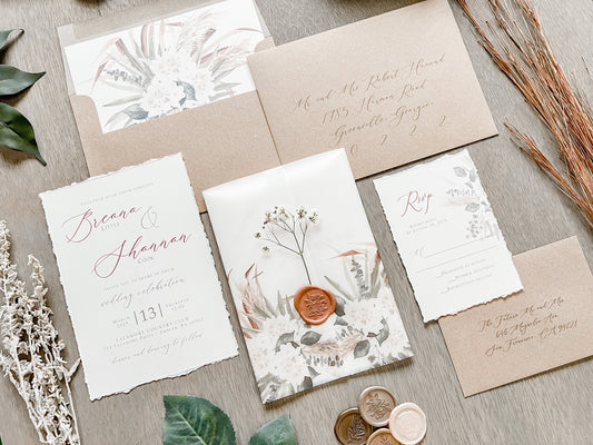 Pampas Grass and White Floral Wedding Invitation with Baby’s Breath, Deckled Edge and Boho Vellum with Wax Seal