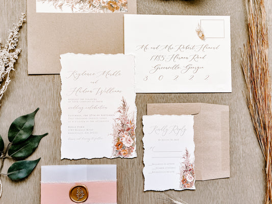 Rose Gold Wedding Invitation with Pampas Grass, Terracotta Beige Florals, Deckled Edging, Vellum Belly Band, Chiffon Ribbon and Wax Seal