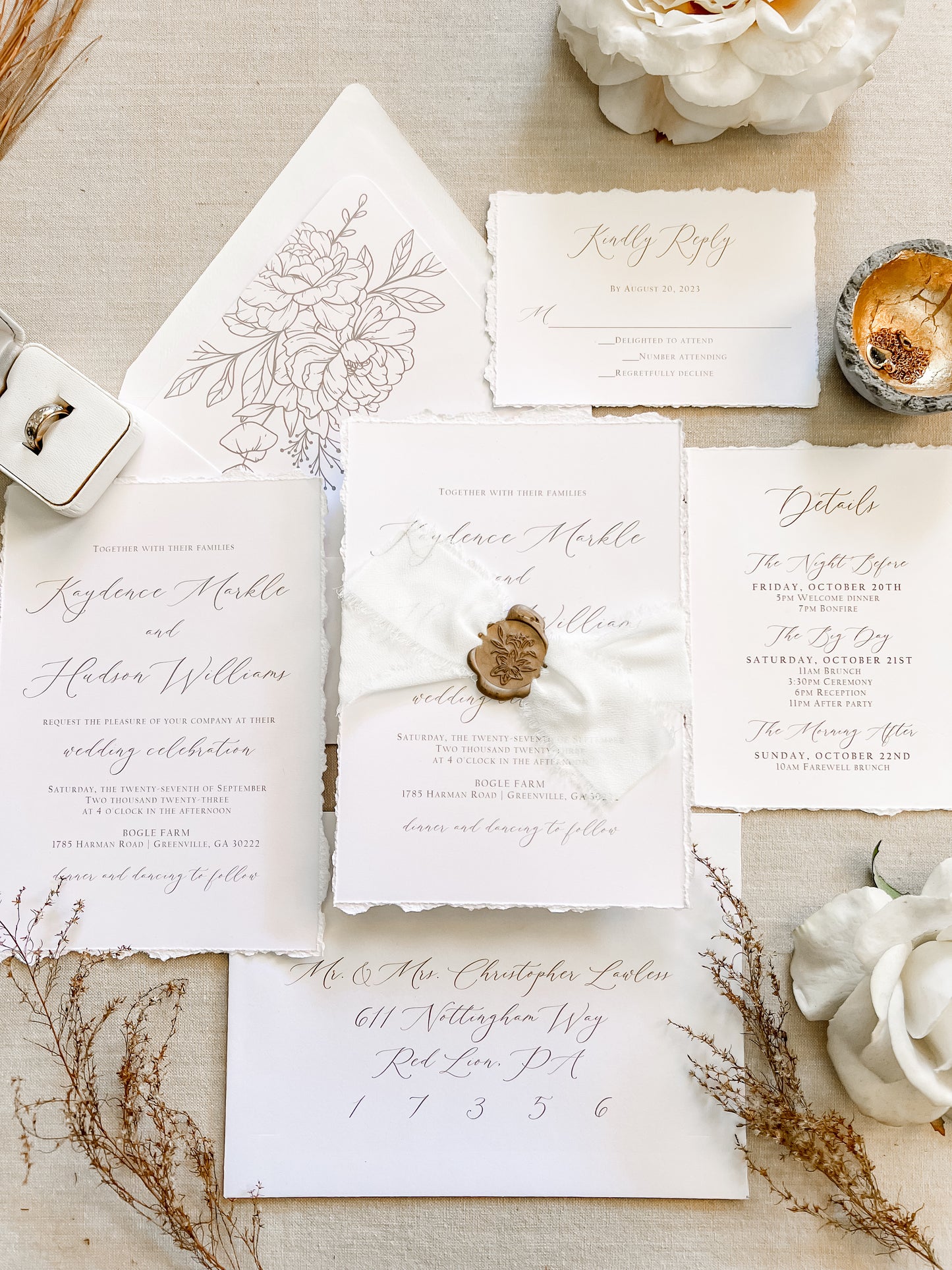 Classic Elegant Wedding Invitation with Deckled Edging, White Chiffon Ribbon & Wax Seal