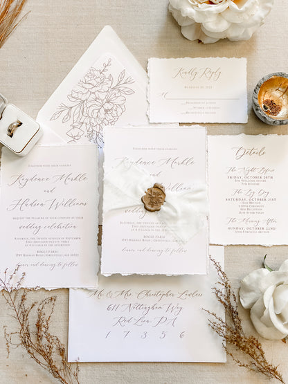 Classic Elegant Wedding Invitation with Deckled Edging, White Chiffon Ribbon & Wax Seal