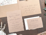 Rustic Elegant Wedding Invitation with Deckled Edging, Light Nude Chiffon Ribbon & Chocolate Wax Seal
