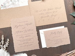 Rustic Elegant Wedding Invitation with Deckled Edging, Light Nude Chiffon Ribbon & Chocolate Wax Seal