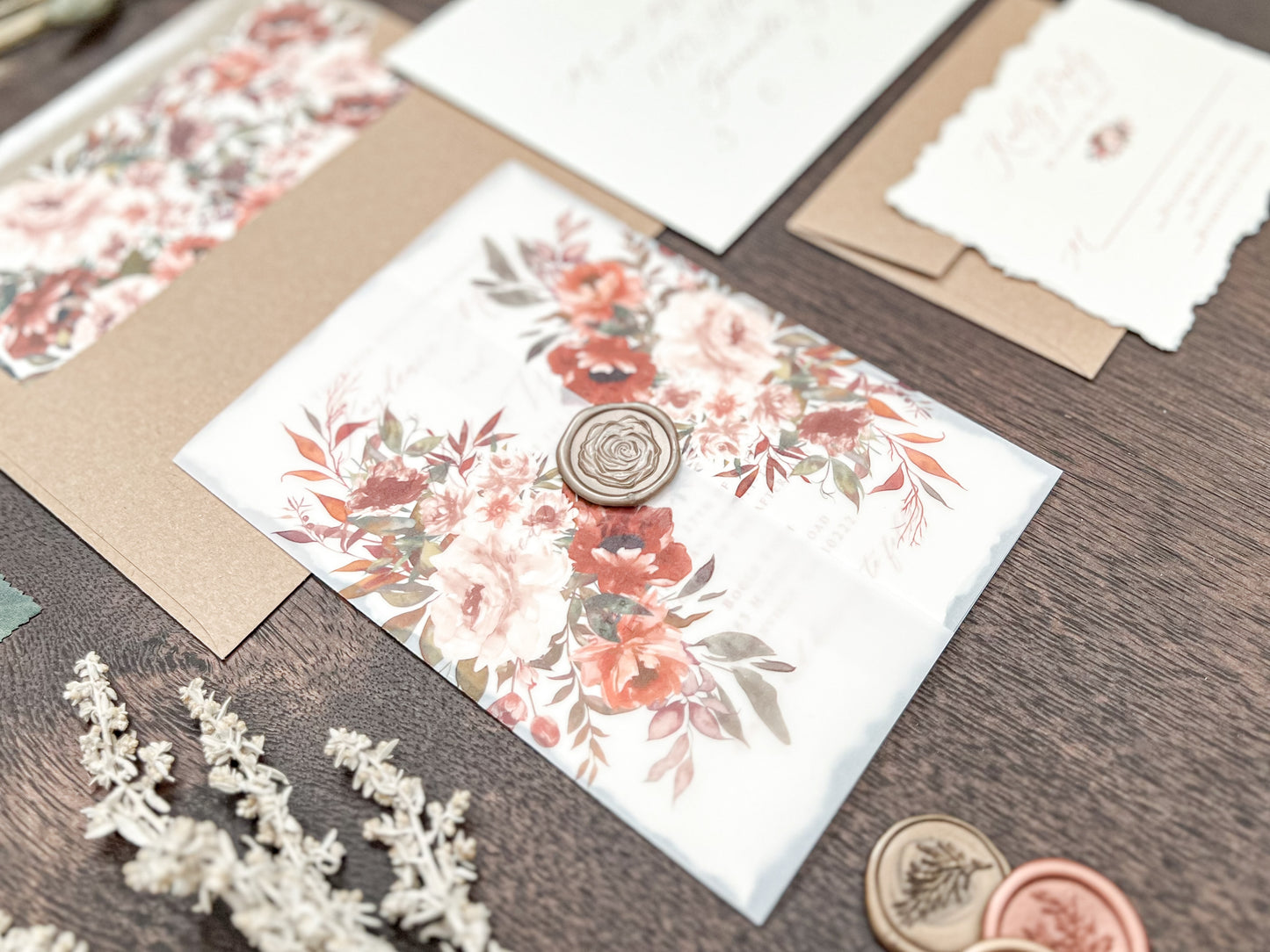 Boho Wedding Invitation with Copper, Rust Burnt Orange Flowers, Deckled Edging, Vellum & Wax Seal