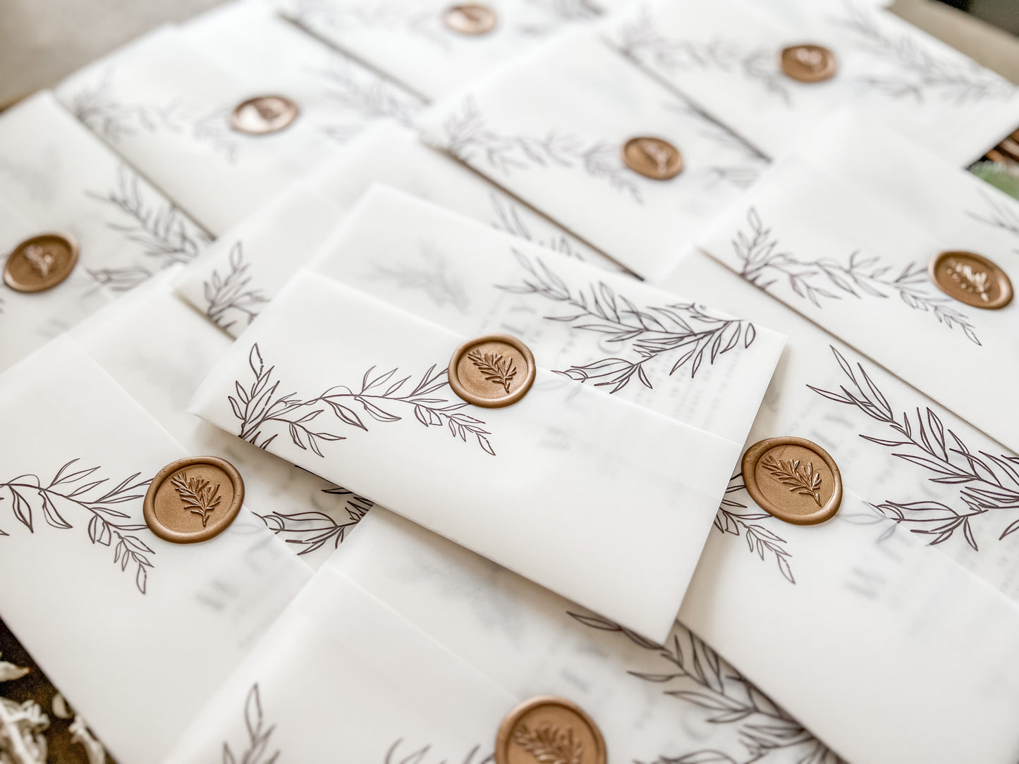 Contemporary Modern Boho Wedding Invitation with Deckled Edging, Vellum and Antique Gold Wax Seal