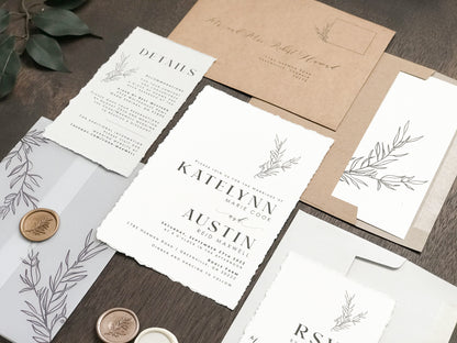 Contemporary Modern Boho Wedding Invitation with Deckled Edging, Vellum and Antique Gold Wax Seal