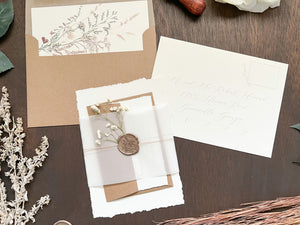 Elegant Ivory Baby’s Breath Wedding Invitation with Deckled Edging, Vellum Belly Band and Wax Seal