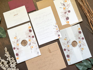 Plum and Yellow Gold Wildflower Vellum Wedding Invitation with Wax Seal