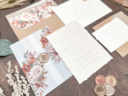 Boho Fall Floral Wedding Invitation with Deckled Edging, Vellum & Wax Seal