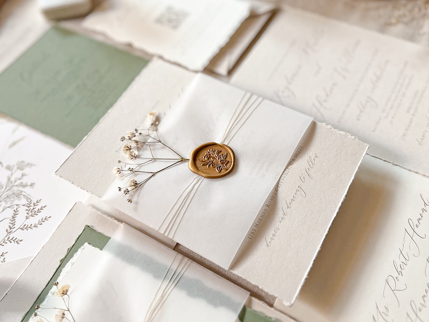 Baby’s Breath Wedding Invitation with Deckled Edging, Baby’s Breath, Vellum and Wax Seal