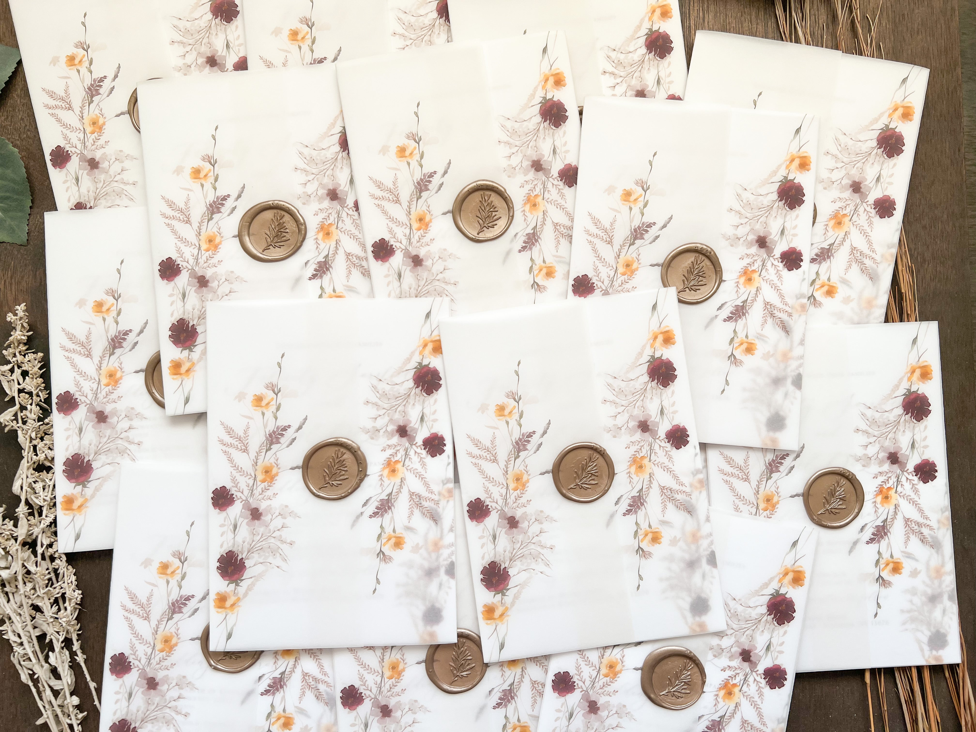Plum and Yellow Gold Wildflower Vellum Wedding Invitation with Wax Seal