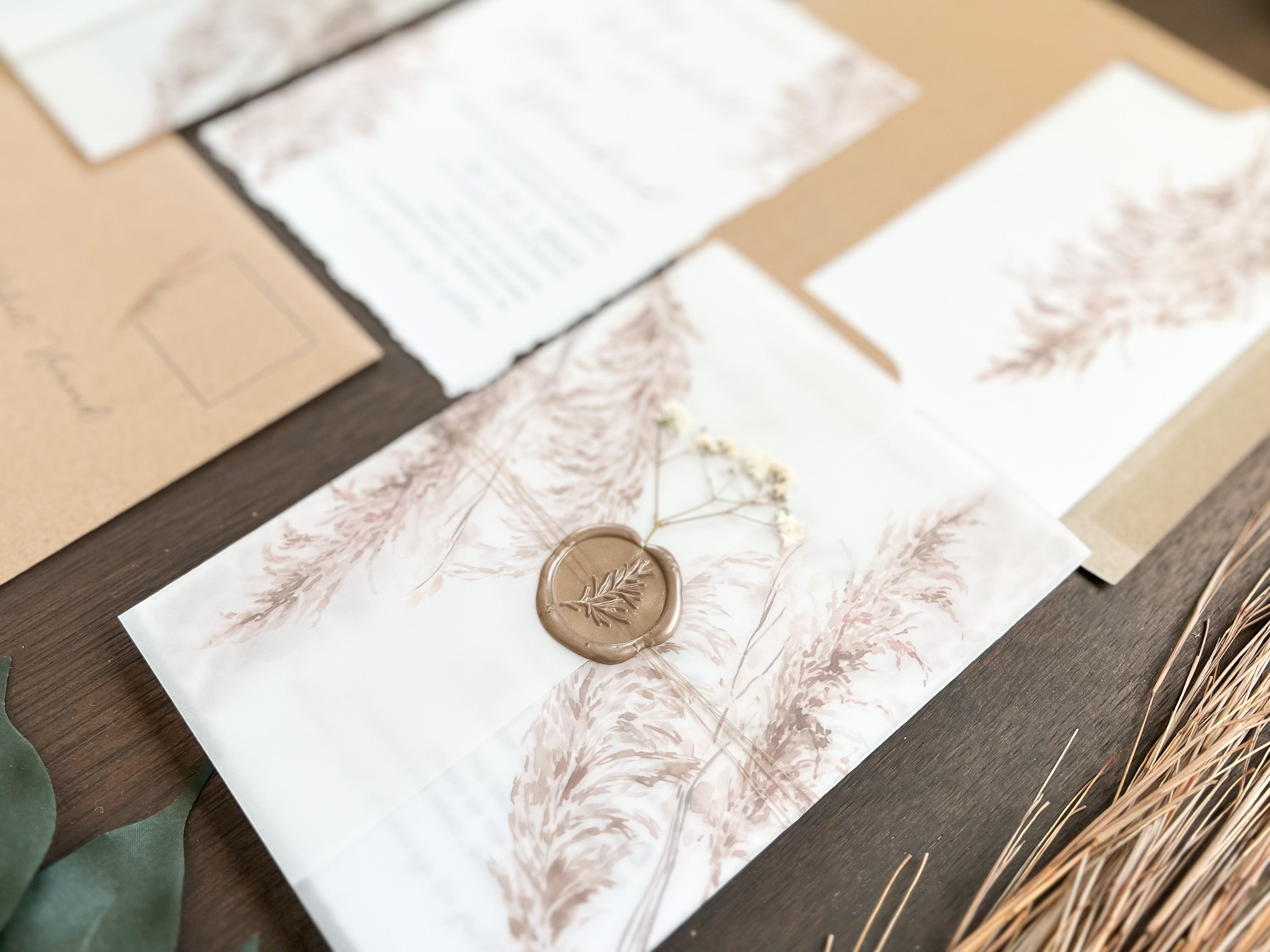Pampas Grass and Baby’s Breath Wedding Invitation with Deckled Edge, Boho Vellum with Wax Seal