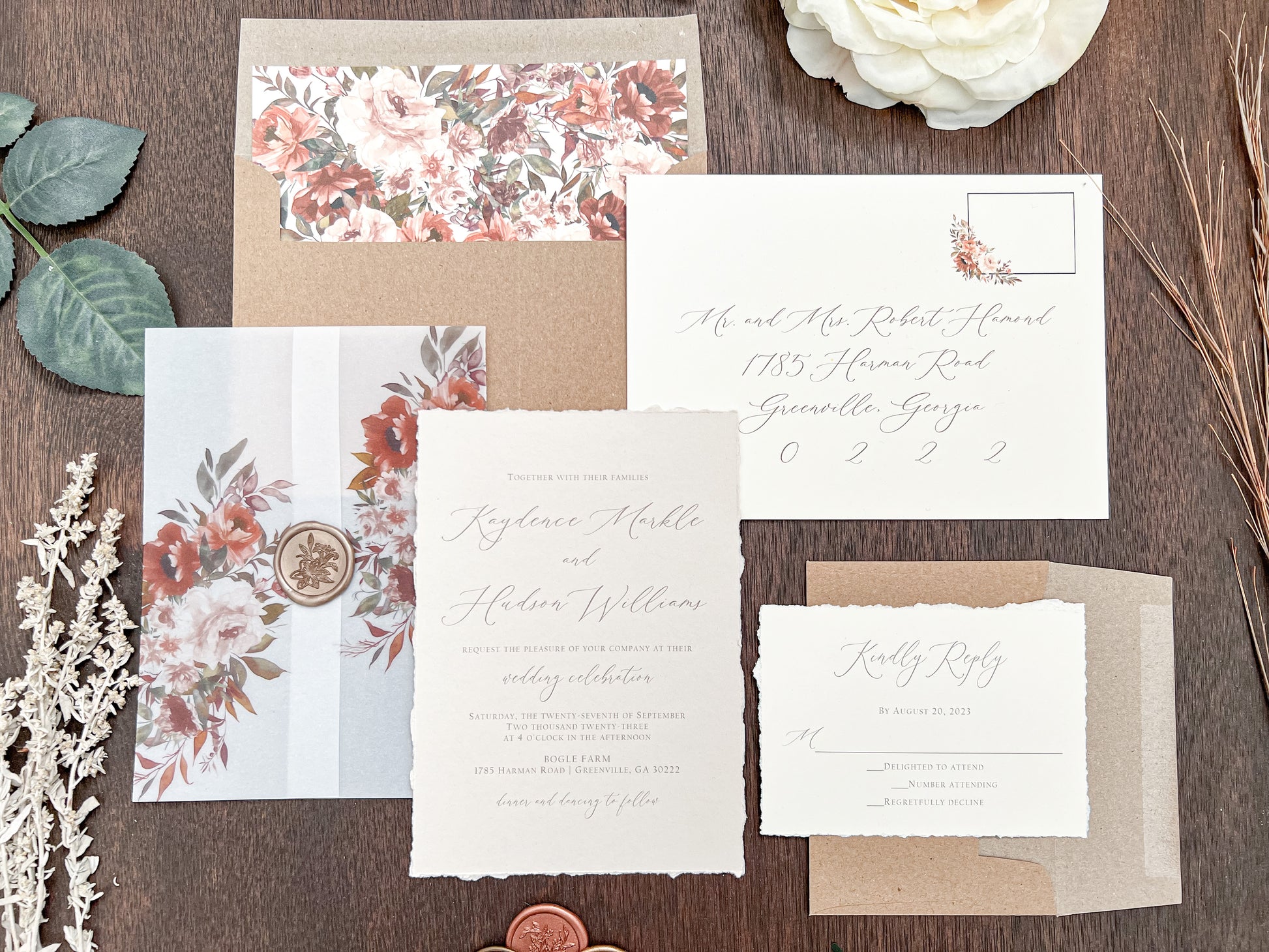 Boho Floral Wedding Invitation with Deckled Edging, Vellum & Wax Seal