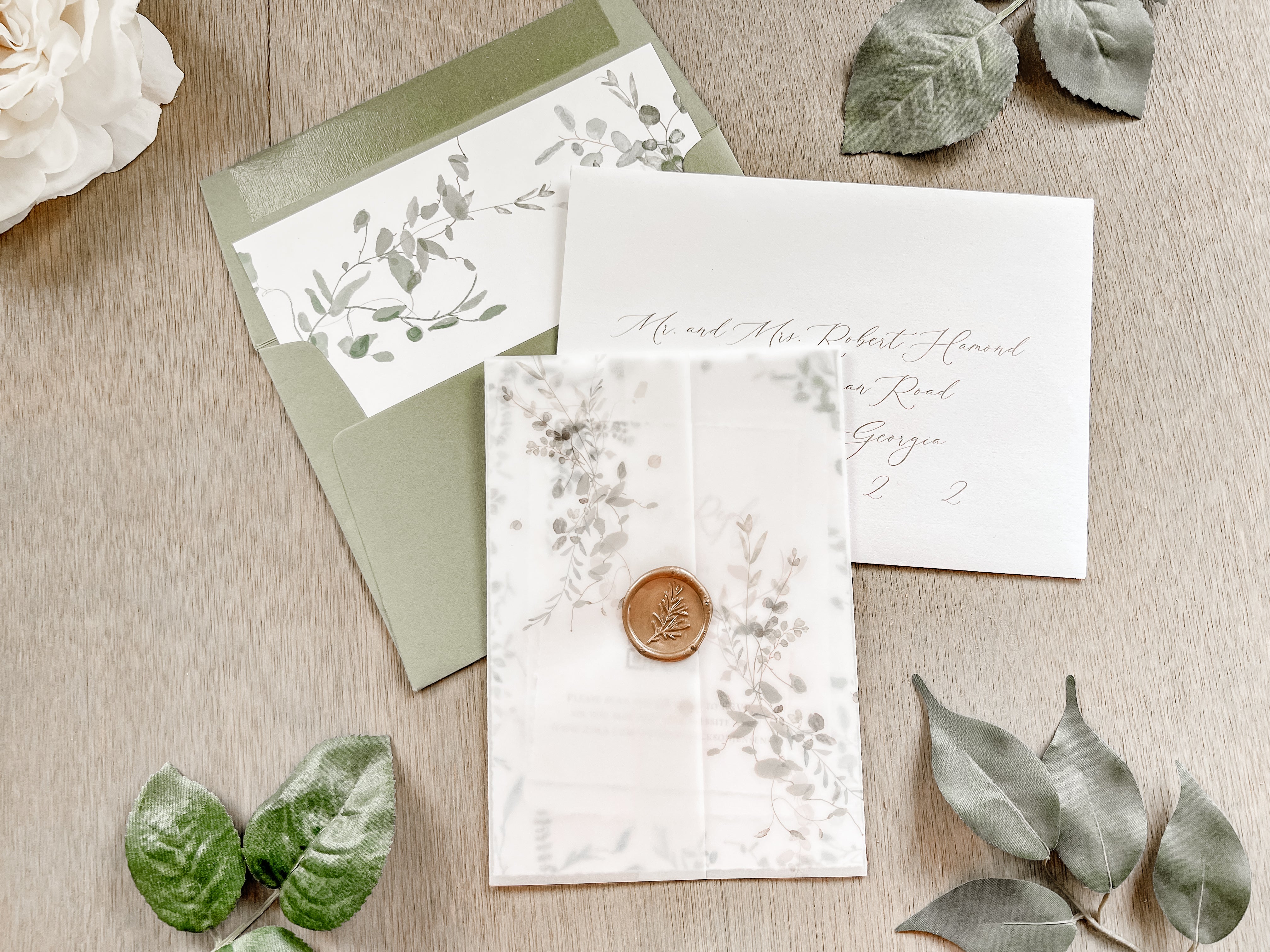Simple Greenery Wedding Invitation with Eucalyptus, Deckled Edging, Vellum & Wax Seal