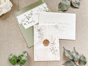 Simple Greenery Wedding Invitation with Eucalyptus, Deckled Edging, Vellum & Wax Seal