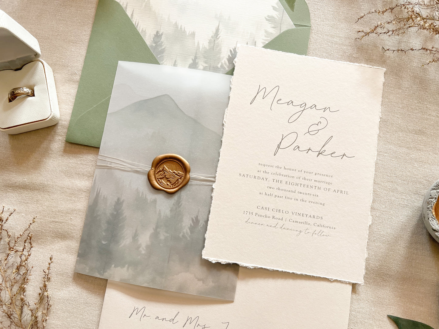 Mountain Wedding Invitation with Vellum, Deckled Edge & Wax Seal