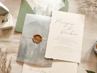 Mountain Wedding Invitation with Vellum, Deckled Edge & Wax Seal
