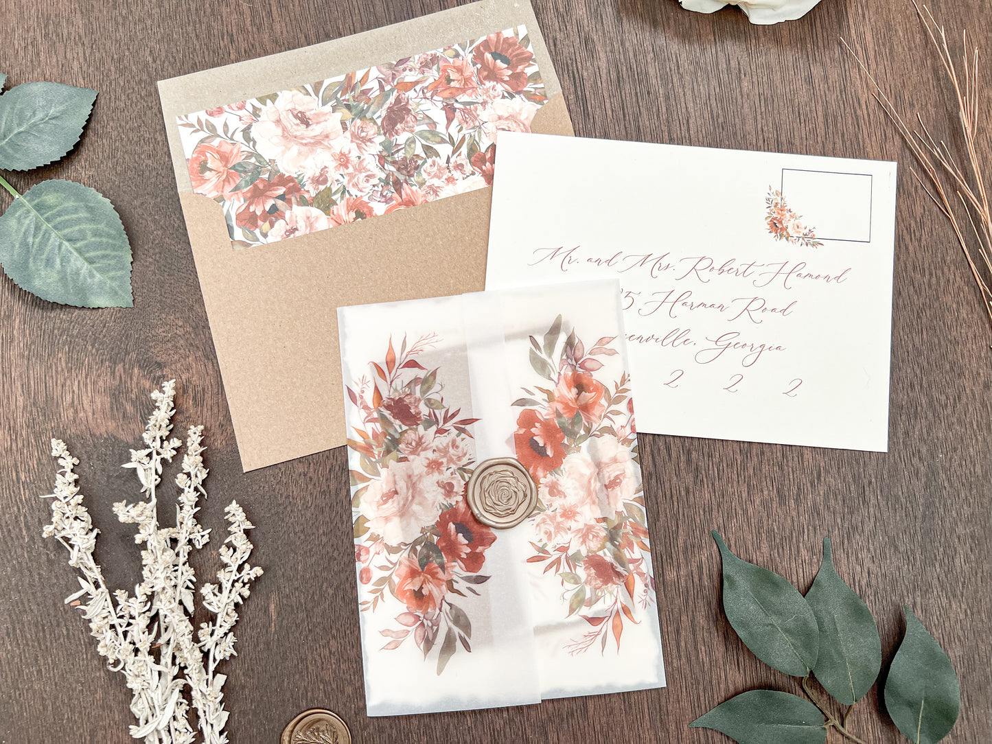 Boho Wedding Invitation with Copper, Rust Burnt Orange Flowers, Deckled Edging, Vellum & Wax Seal