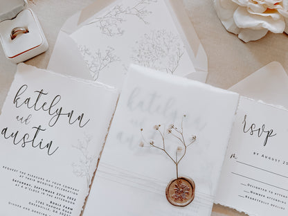 Baby’s Breath Wedding Invitation with Deckled Edging, Vellum Wrap and Wax Seal