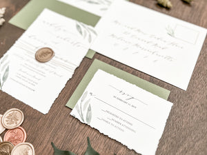 Greenery Deckled Edge Wedding Invitation with Wax Seal & Thread